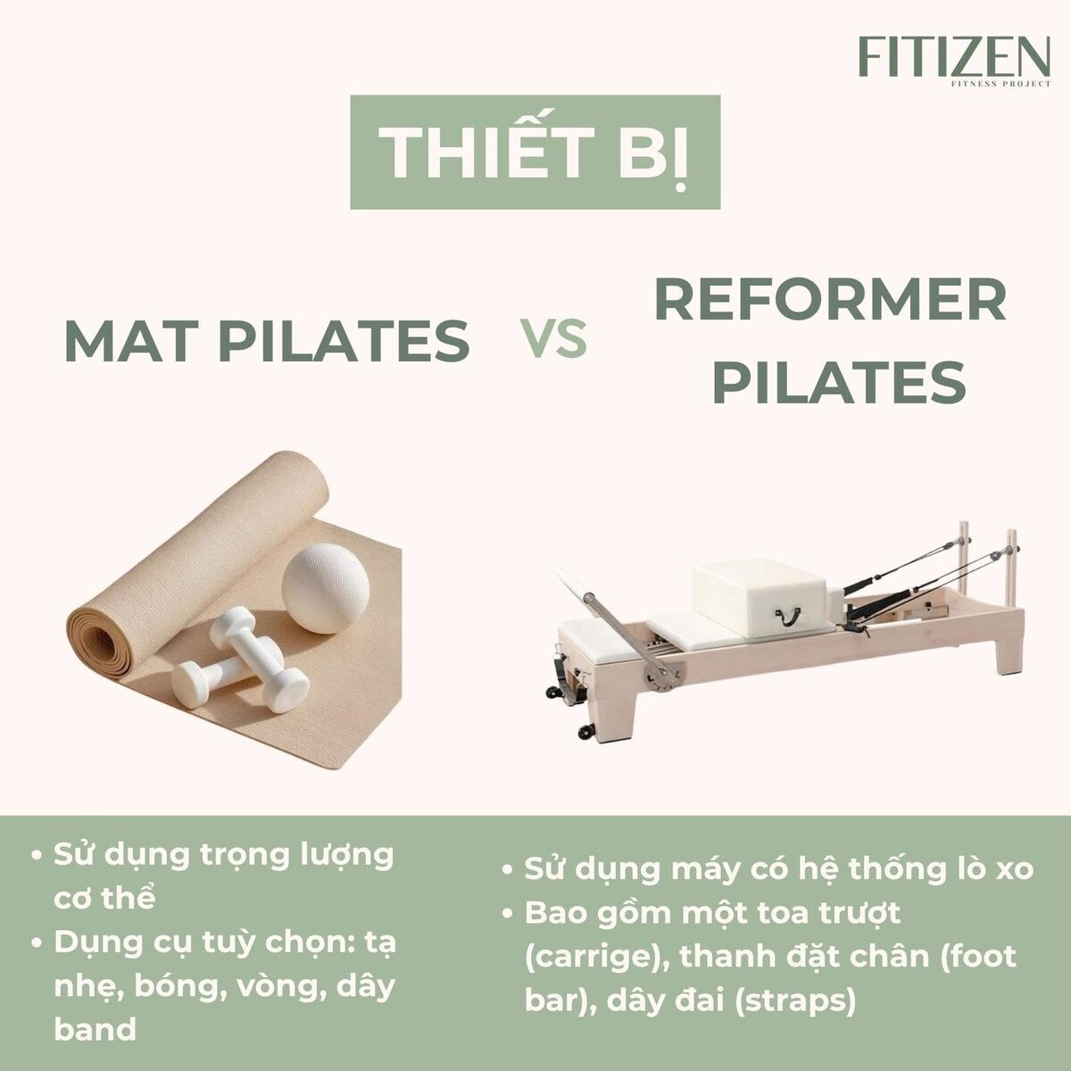 So sánh thiết bị Mat Pilates và Reformer Pilates